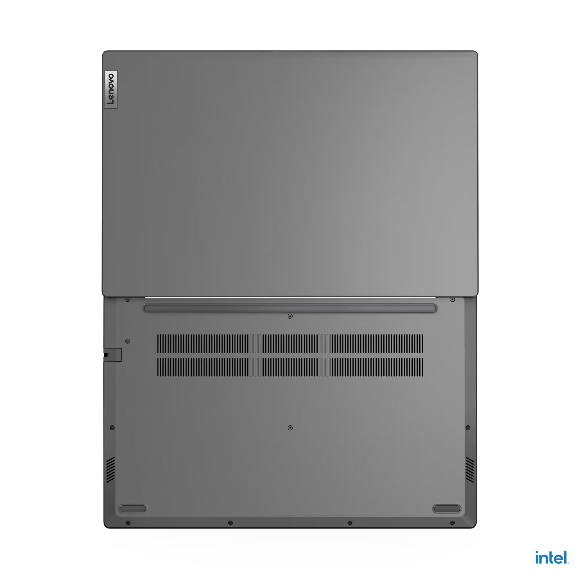 Back view of a Lenovo laptop with AMD logo on a white background