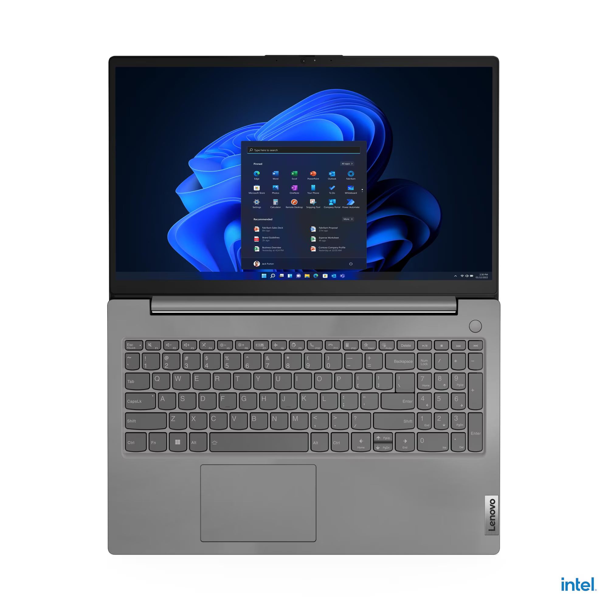 A Lenovo laptop shown open and facing forward on a plain white background. The laptop has a dark gray metallic finish, a black keyboard deck, and a screen displaying a blue-themed desktop interface.