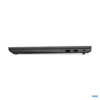 A thin side profile view of a dark gray Lenovo laptop on a solid white background, showing the ports on the side including an Ethernet port and USB-C.
