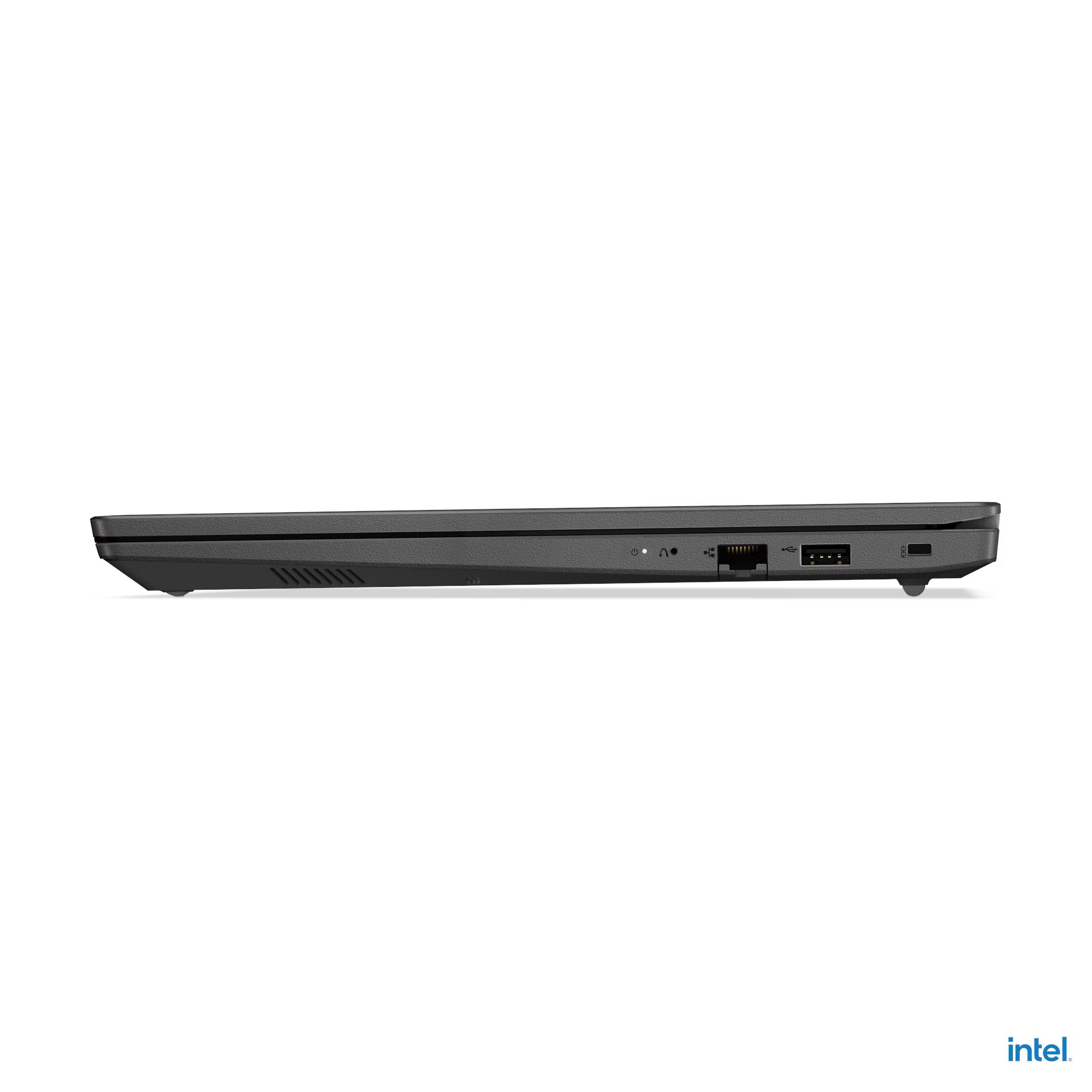 A thin side profile view of a dark gray Lenovo laptop on a solid white background, showing the ports on the side including an Ethernet port and USB-C.