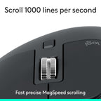 Black mouse with scroll wheel and Iogear branding, featuring text about scrolling speed.