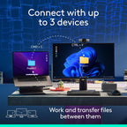 Laptop and desktop setup with text 'Connect with up to 3 devices' and 'Work and transfer files between them'.