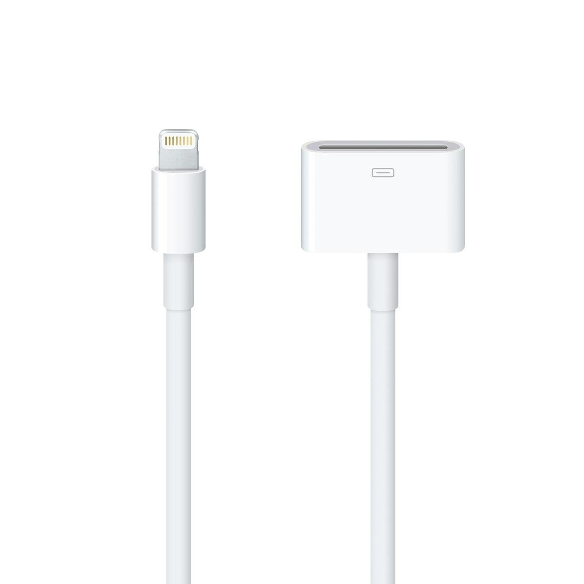 A white Lightning to USB adapter cable shown on a plain white background, with the Lightning connector on the left and the USB-A plug on the right.