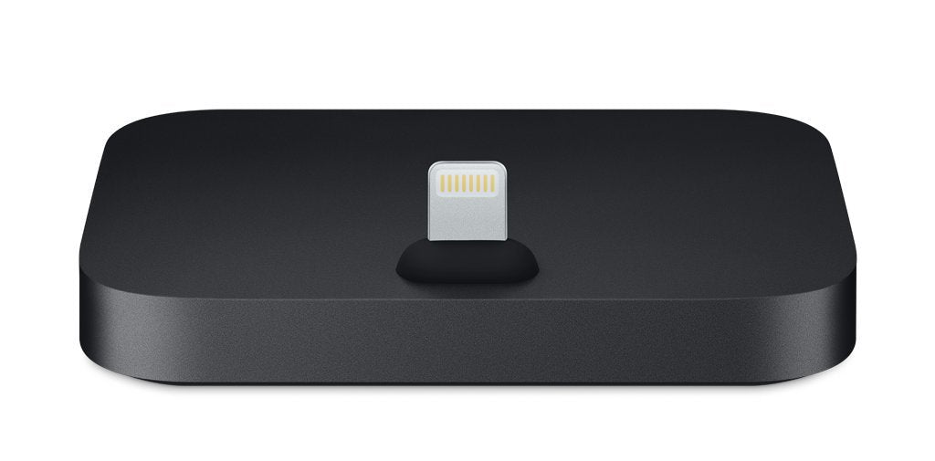A black rectangular dock with rounded corners and a Lightning connector in the center, shown on a plain white background.