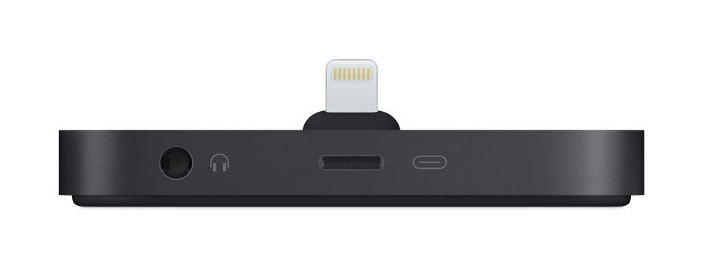 A black rectangular electronic dongle with a Lightning connector plugged into the top center, shown from the side on a plain white background.