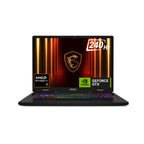 An MSI gaming laptop shown open against a plain white background, featuring a black chassis, a colorful RGB backlit keyboard, and a screen displaying AMD Ryzen AI 7, NVIDIA GeForce GTX, and 240Hz graphics.