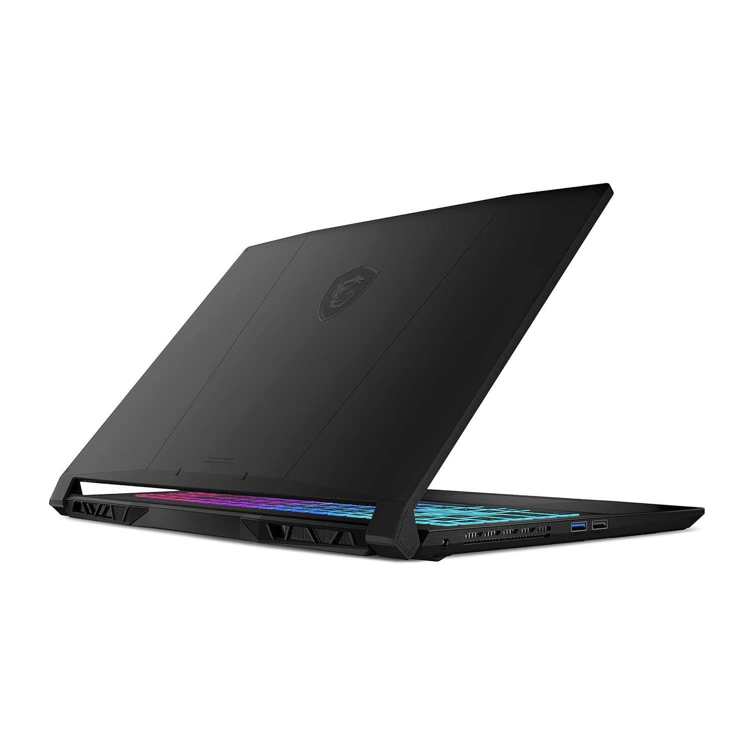 Black gaming laptop with RGB lighting on a white background
