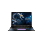 An MSI gaming laptop shown open against a solid white background, featuring a black chassis with a vibrant multicolor backlit keyboard and a colorful pink and blue trackpad.