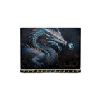A laptop shown closed from the back, featuring a dark dragon illustration across the back panel and a small MSI shield logo near the upper right. The laptop has a black base with yellow diagonal stripes along the front edge, set against a plain white background.