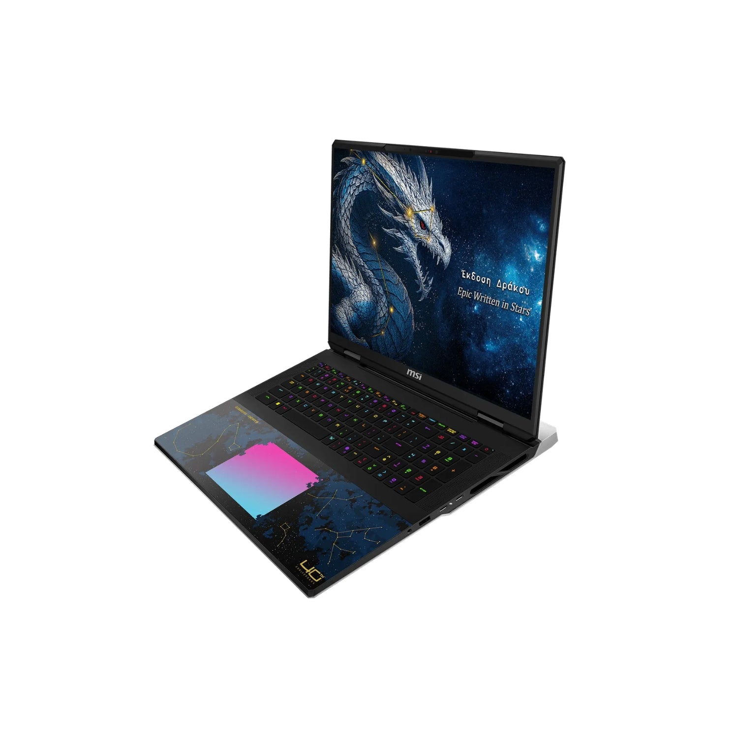 An MSI gaming laptop shown open at an angle on a white background, featuring a black chassis with a vibrant multicolor RGB keyboard, a cosmic-themed display screen, and a textured palm rest.