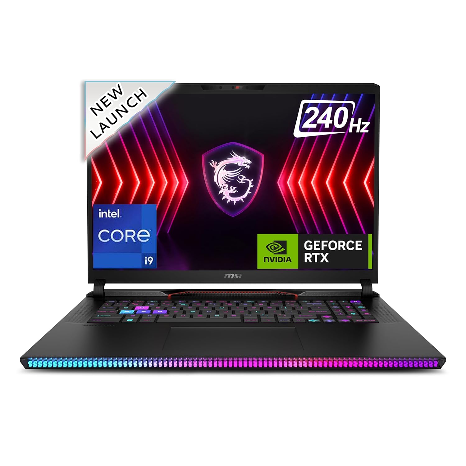 A black MSI gaming laptop shown open on a white background, with colorful RGB lighting along the bottom edge and a screen displaying 'NEW LAUNCH', '240Hz', 'intel CORE i9', and 'GEFORCE RTX' graphics.