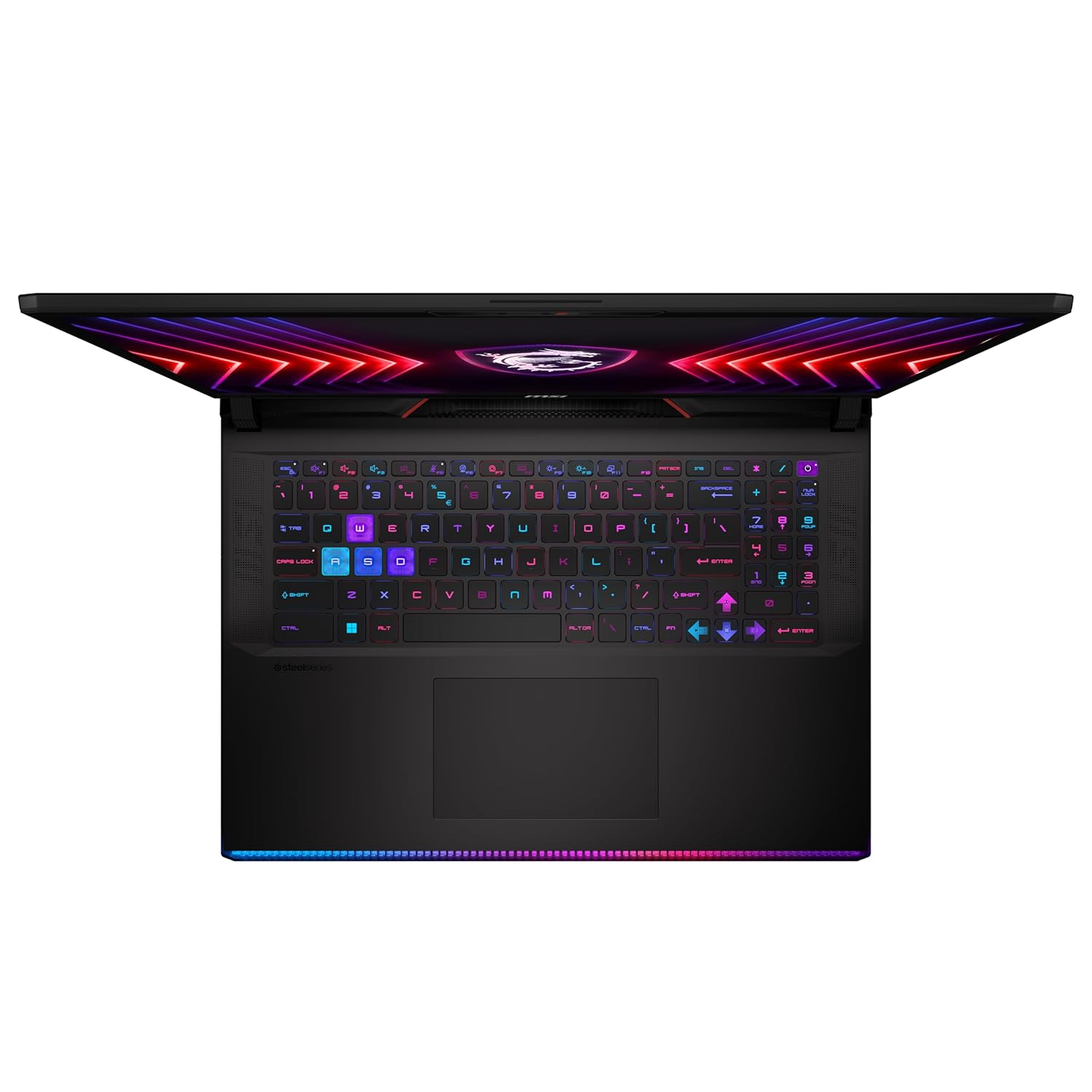 A black gaming laptop shown open from a front-facing perspective, featuring vibrant multicolor RGB backlighting on the keyboard and screen bezel, set against a plain white background.