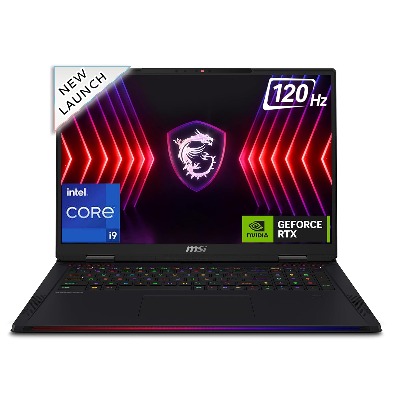 Gaming laptop with MSI logo and performance specifications on a white background