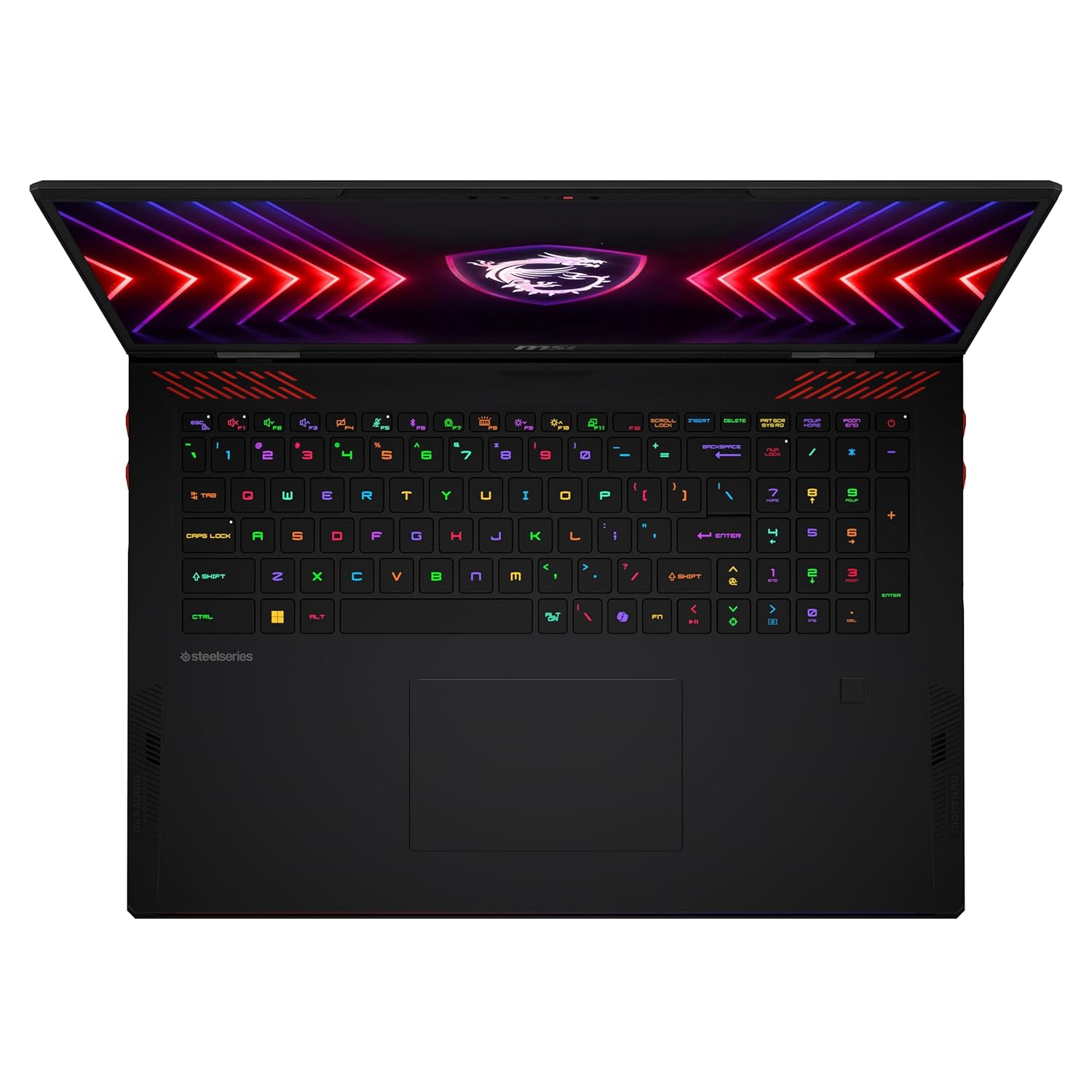 A black MSI gaming laptop shown open from a top-down angle, featuring vibrant RGB backlit keys and a matching RGB lighted screen border with red and purple chevron patterns.