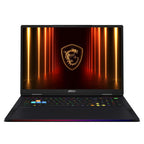 An MSI gaming laptop shown open against a solid white background, featuring a black chassis with a vibrant RGB backlit keyboard and a screen displaying a glowing orange and red vertical tunnel with the MSI dragon logo.