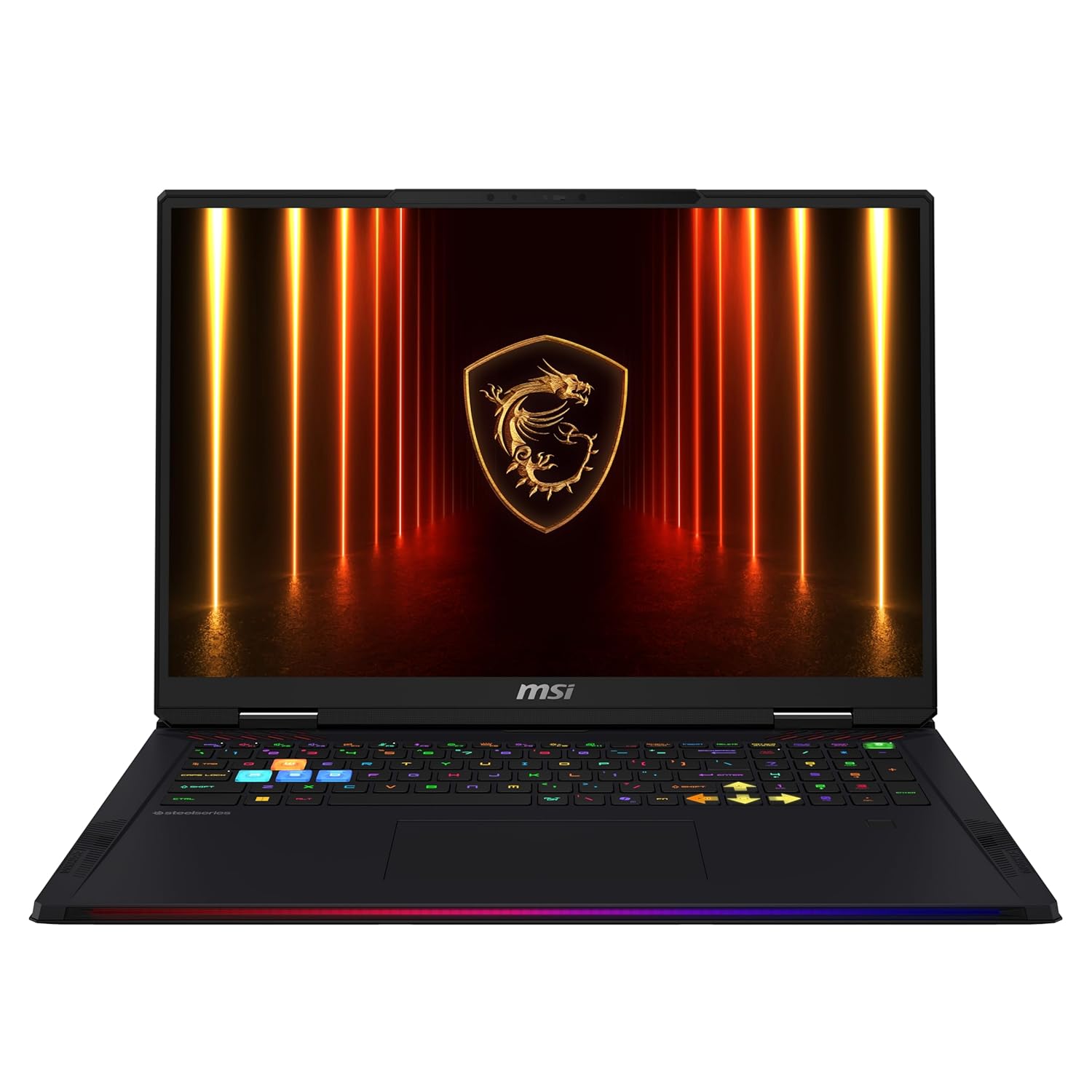 An MSI gaming laptop shown open against a solid white background, featuring a black chassis with a vibrant RGB backlit keyboard and a screen displaying a glowing orange and red vertical tunnel with the MSI dragon logo.