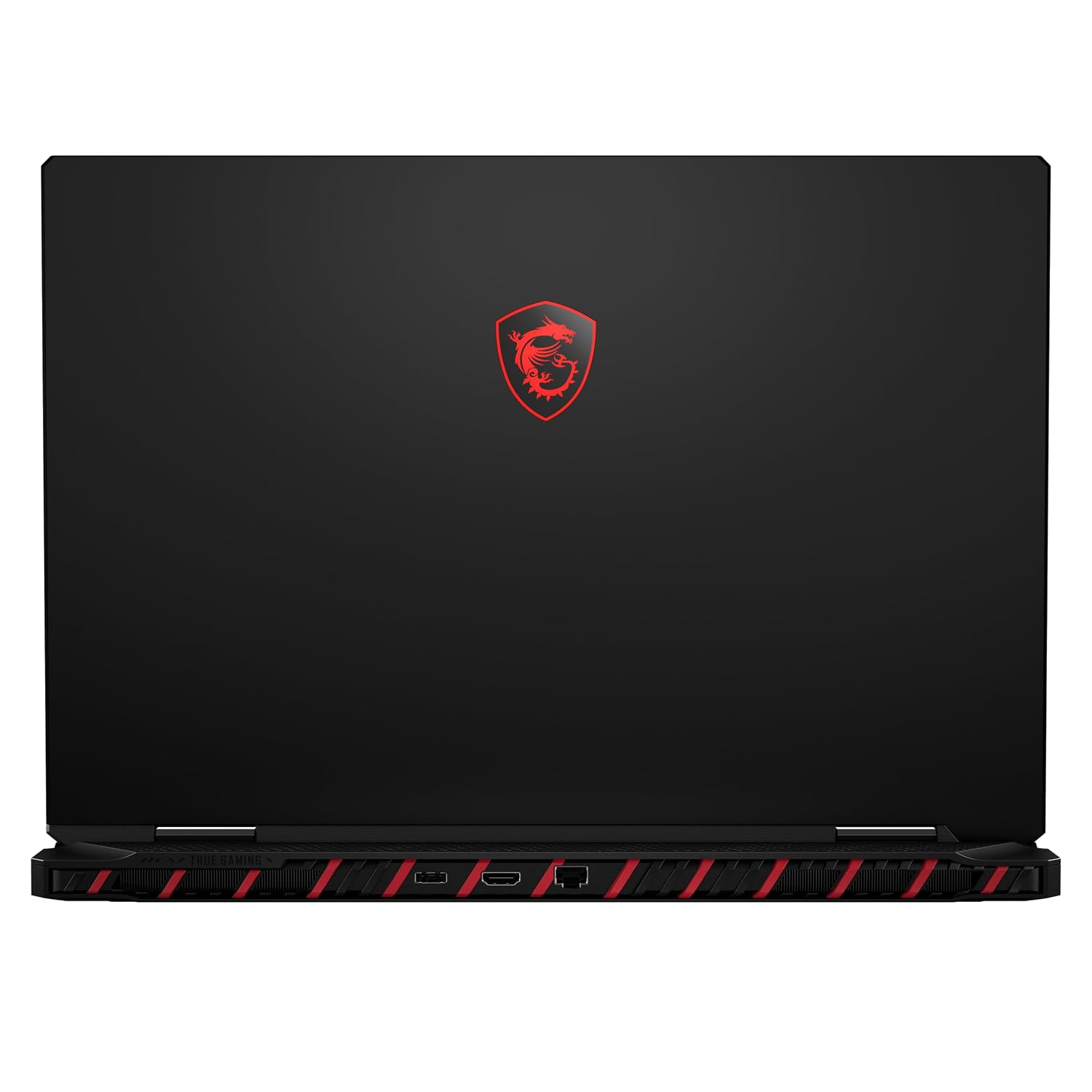 A black MSI gaming laptop shown closed from the back, featuring the red MSI dragon shield logo in the center and red accent stripes along the bottom edge.