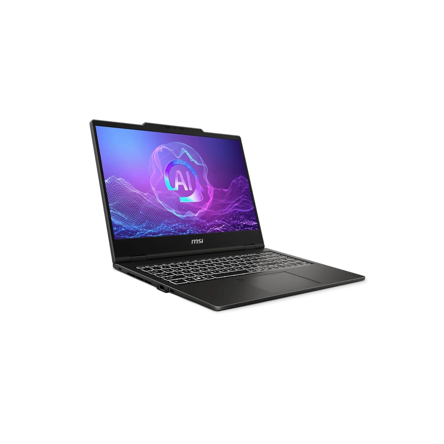 An MSI gaming laptop in black, shown open at a three-quarter angle against a plain white background. The screen displays a colorful AI-themed wallpaper.