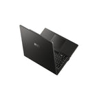 A black MSI laptop shown open at an angle, displaying its screen, keyboard, and trackpad against a solid white background.