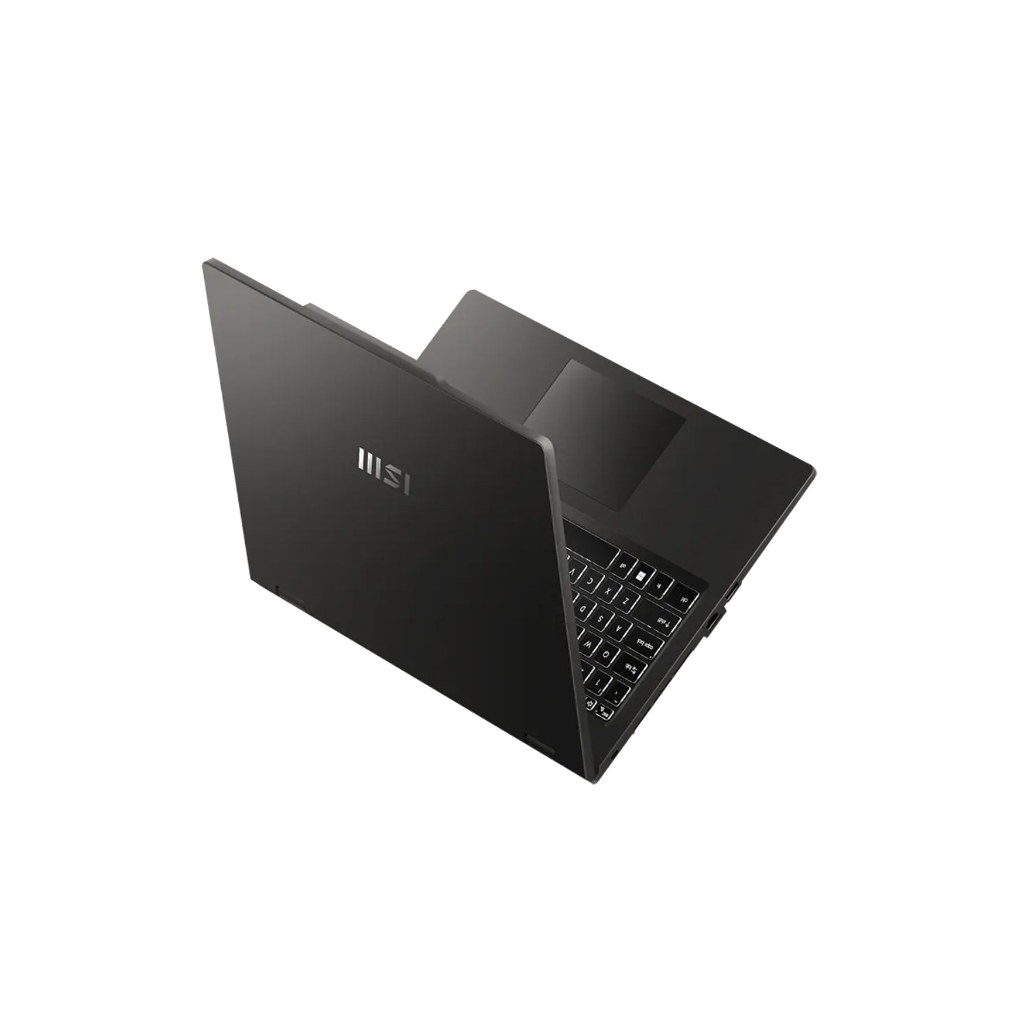 A black MSI laptop shown open at an angle, displaying its screen, keyboard, and trackpad against a solid white background.