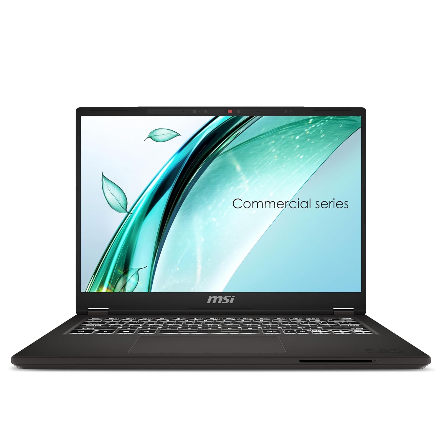 An MSI Commercial Series laptop shown from a front-facing perspective on a solid white background, with the screen turned on displaying a teal and light blue abstract wallpaper.
