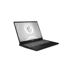 A black MSI gaming laptop shown open at a three-quarter angle on a clean white background. The screen displays the MSI shield logo inside a circular graphic.