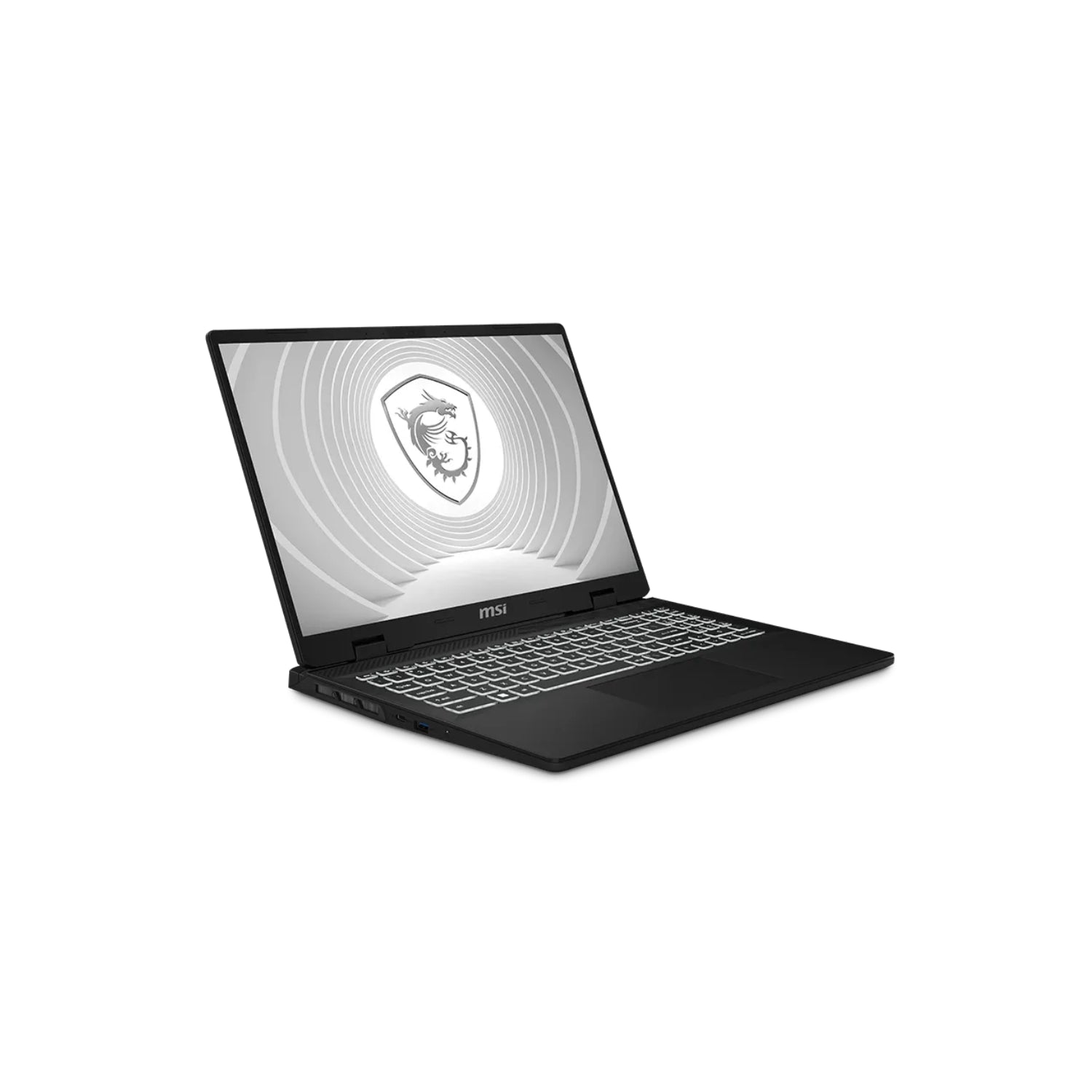 A black MSI gaming laptop shown open at a three-quarter angle on a clean white background. The screen displays the MSI shield logo inside a circular graphic.