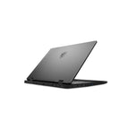 A black MSI laptop shown open at an angle, displaying its matte black lid with the MSI logo and a partially visible keyboard, set against a plain white background.