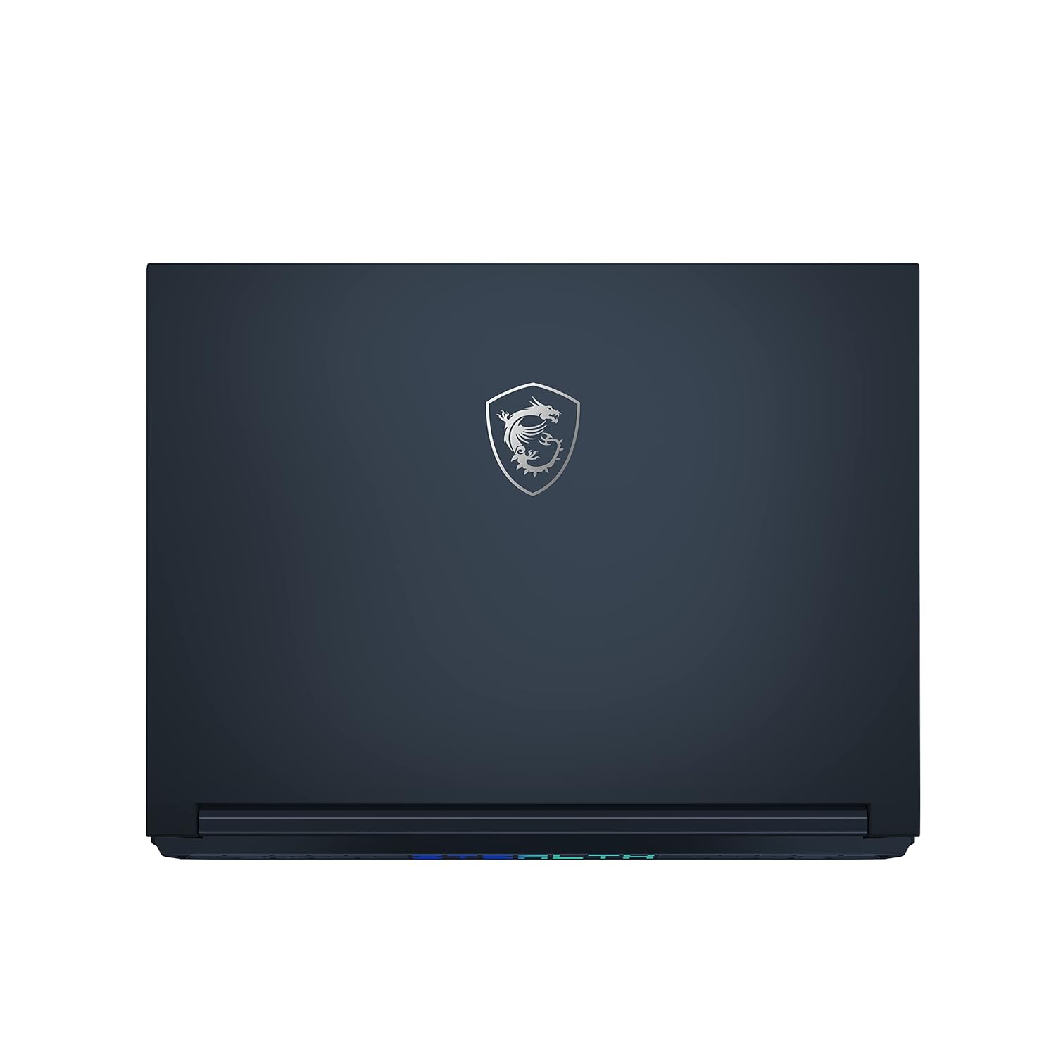 A closed MSI gaming laptop shown from the top, featuring a dark navy blue lid with the silver MSI dragon logo in the center, set against a plain white background.