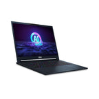 An MSI laptop shown open at a three-quarter angle on a plain white background. The screen displays a colorful AI-themed wallpaper, and the keyboard features RGB backlighting.