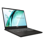 An MSI commercial series laptop shown open at a three-quarter angle on a clean white background. The laptop is black with a black keyboard and trackpad, and the screen displays a light blue and green abstract wallpaper with the text 'Commercial series'.