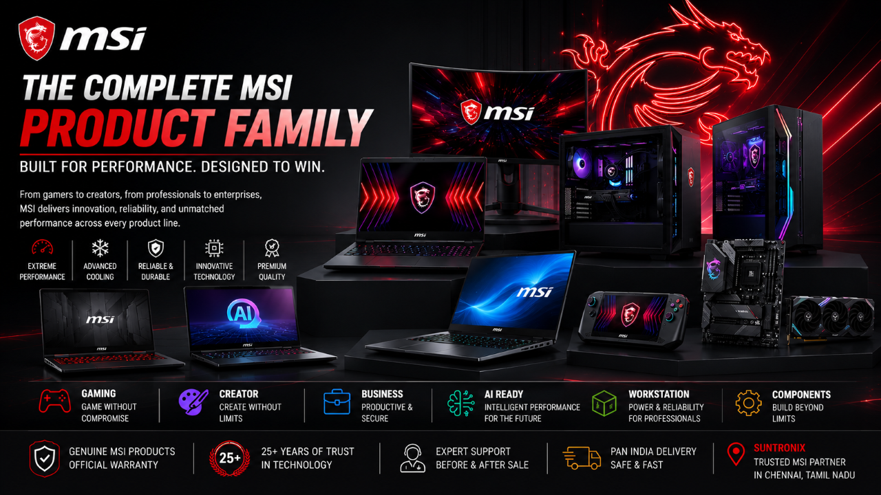 Promotional graphic for the MSI complete product family, showing multiple MSI-branded laptops, desktop towers, and accessories arranged on a black background with red MSI dragon graphics and feature icons across the bottom.