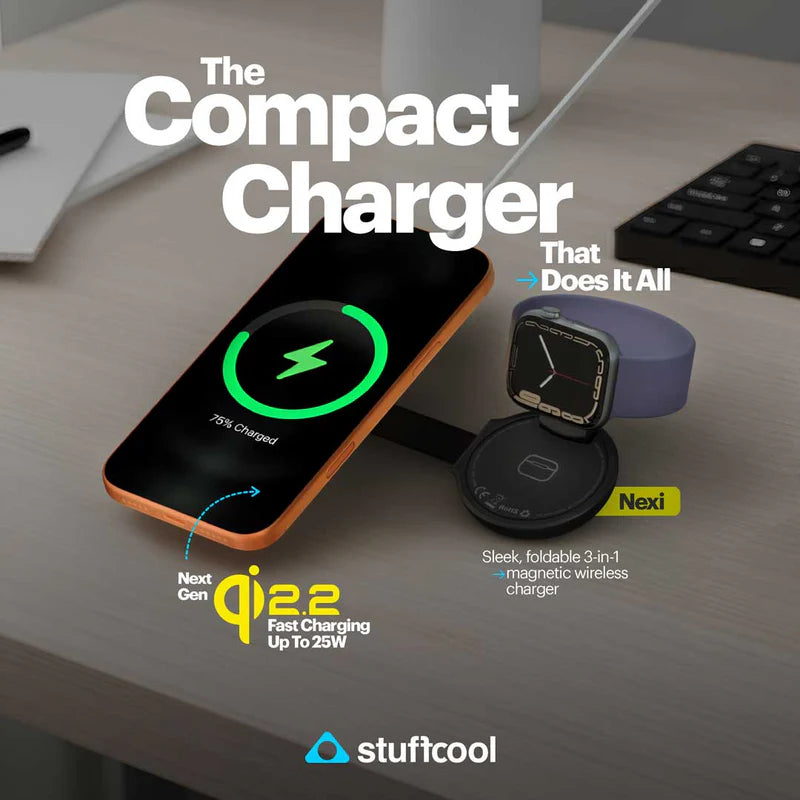 Wireless charger with smartphone, watch, and band on a desk with 'stuffcool' branding.