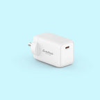 A white plug-in wall charger with a USB-C port, featuring the 'stufitcool' brand logo, shown on a solid light blue background.
