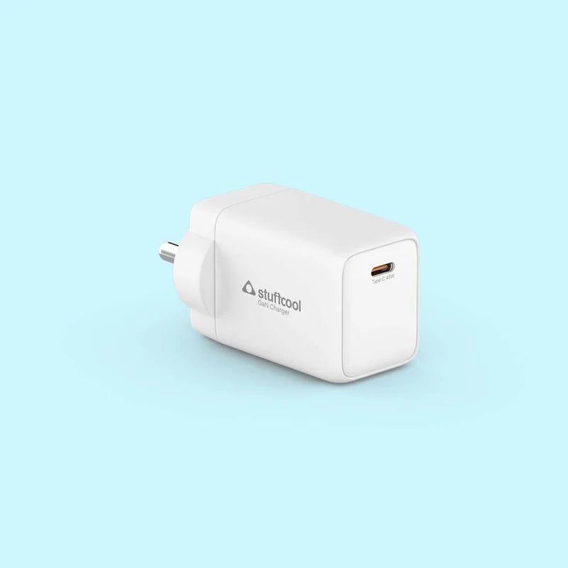 A white plug-in wall charger with a USB-C port, featuring the 'stufitcool' brand logo, shown on a solid light blue background.