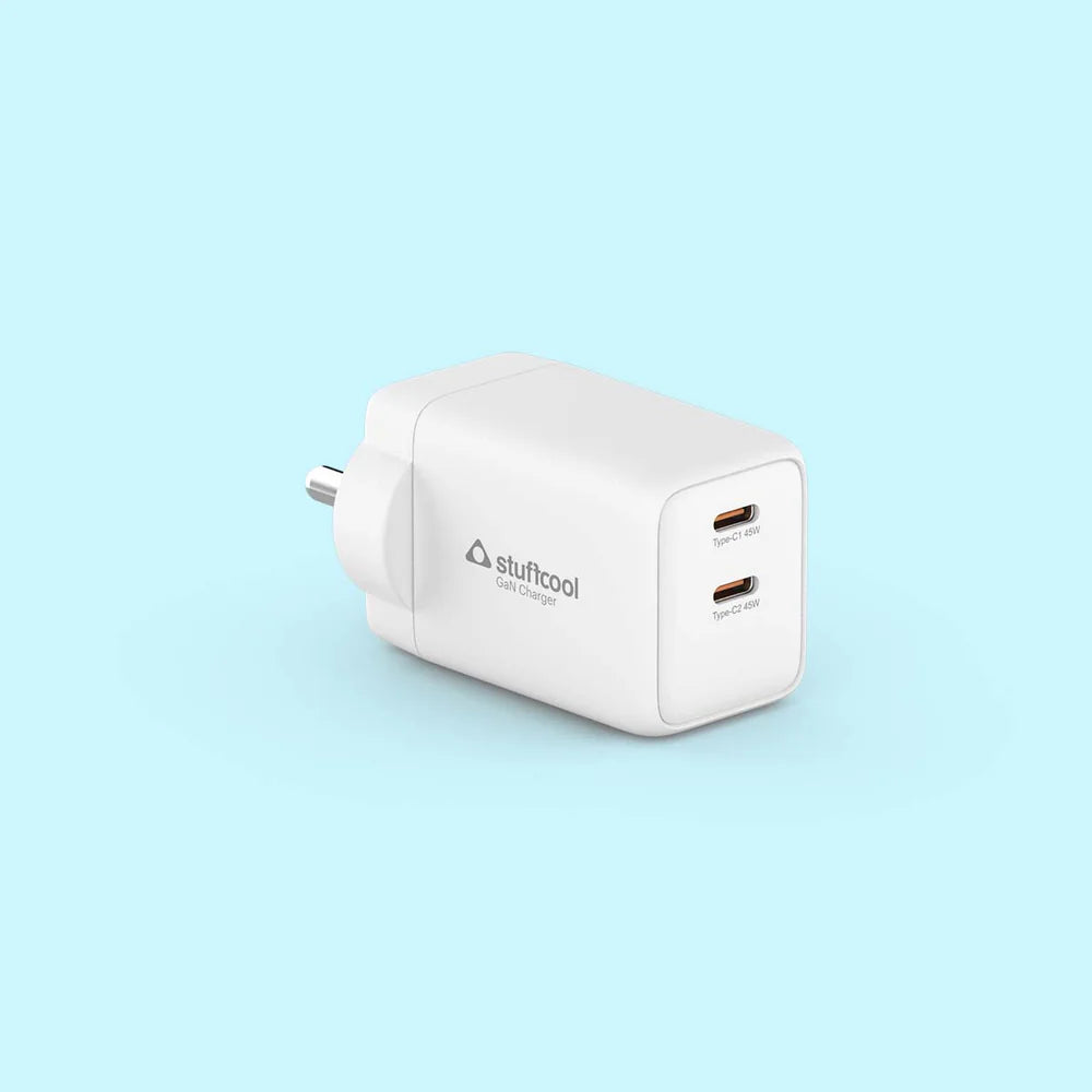 A white plug-in charger with two USB-C ports, featuring the 'stufitool' brand logo, shown on a light blue background.