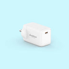 A white plug-in wall charger with a USB-C port, featuring the 'stufitool CHARGE' logo, shown on a light blue background.