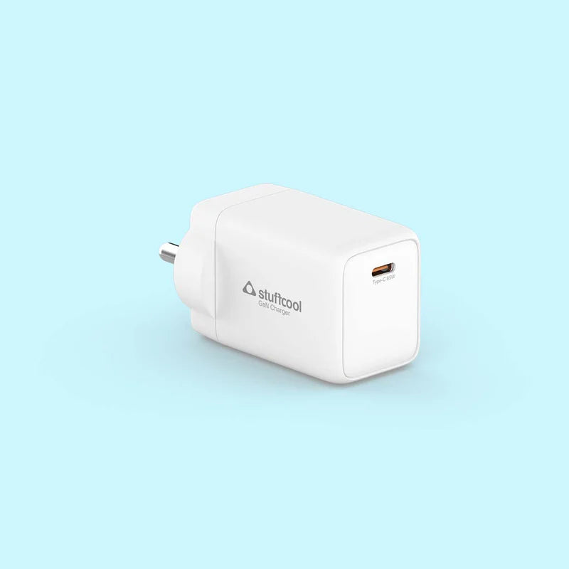 A white plug-in wall charger with a USB-C port, featuring the 'stufitool CHARGE' logo, shown on a light blue background.