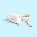 A white Stuftool USB-C charger with its matching USB-C cable, displayed on a light blue background.