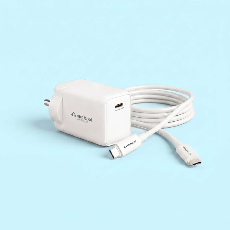A white Stuftool USB-C charger with its matching USB-C cable, displayed on a light blue background.