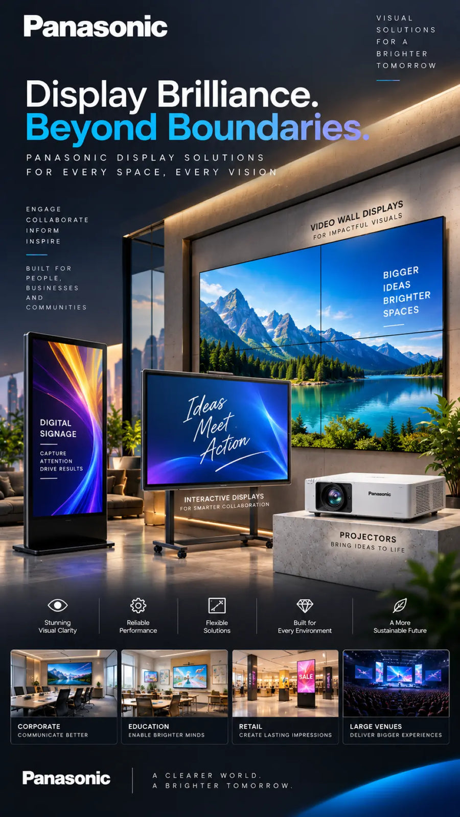 A promotional infographic for Panasonic Displays showcasing their wide range of professional display solutions. The top half features a large 75-inch wall-mounted TV showing a mountain landscape, while the bottom half lists numerous product features, specifications, and application examples across different industries like corporate, education, retail, and public spaces.