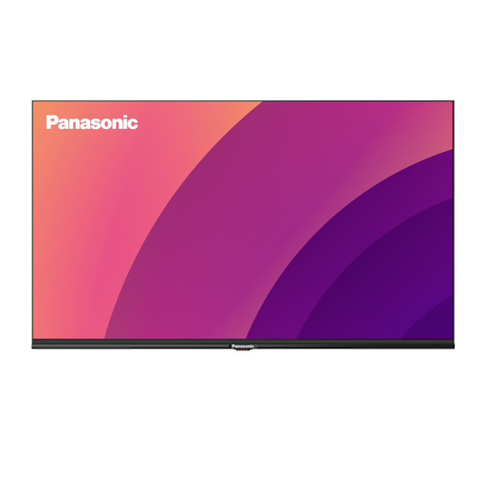 Panasonic wall-mounted television displaying a pink, purple, and orange abstract screen graphic, shown against a plain white background.