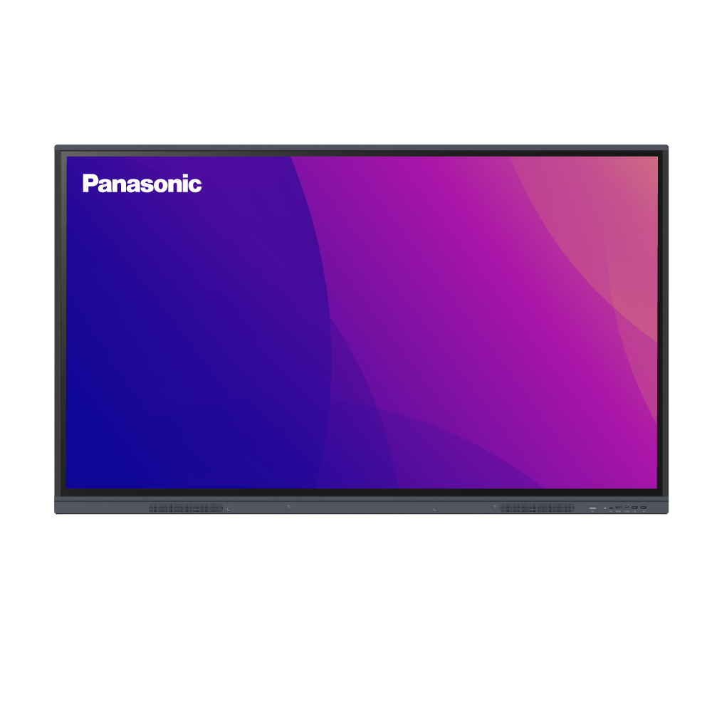 Panasonic 24-inch interactive display monitor with a black bezel and screen showing a purple and pink gradient background on a white studio background.
