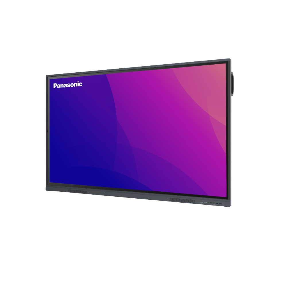 Panasonic interactive display monitor with a black bezel and a vibrant purple and blue gradient screen, shown at an angle on a white background.