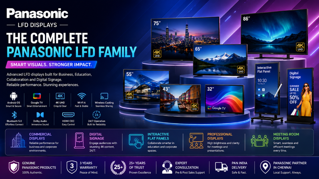 Promotional graphic for the Panasonic LFD Family, showcasing multiple touchscreen display sizes and configurations with various demo screens, icons for connectivity features, and text highlighting product benefits on a dark blue and purple gradient background.
