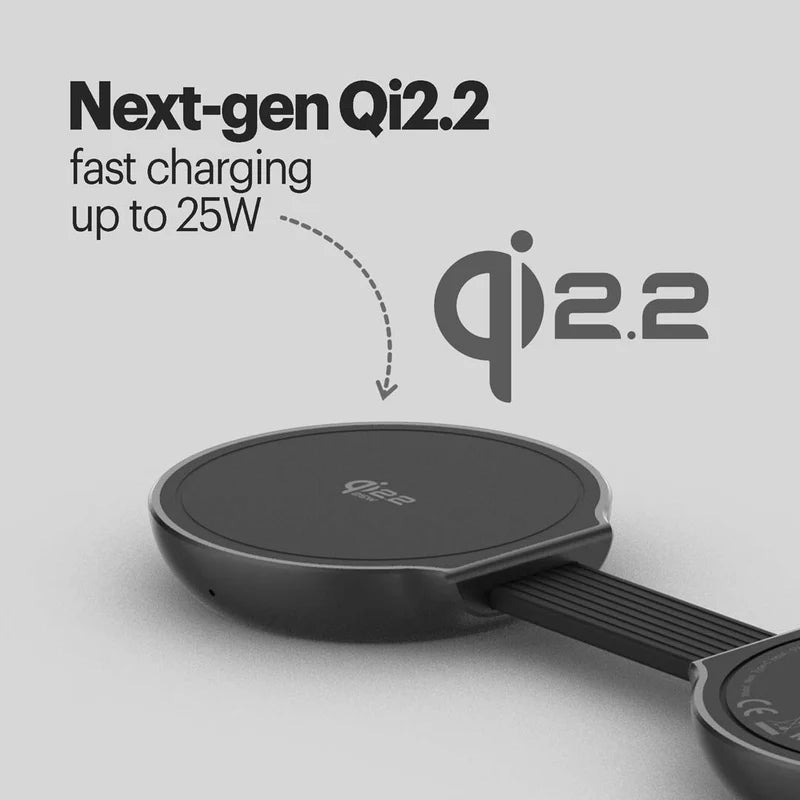 Qi2.2 wireless charging pad with text on a gray background