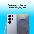 Samsung smartphone shown from the back and front on a bright blue gradient background, with text reading 'Samsung -> Super Fast Charging 3.0' above it.