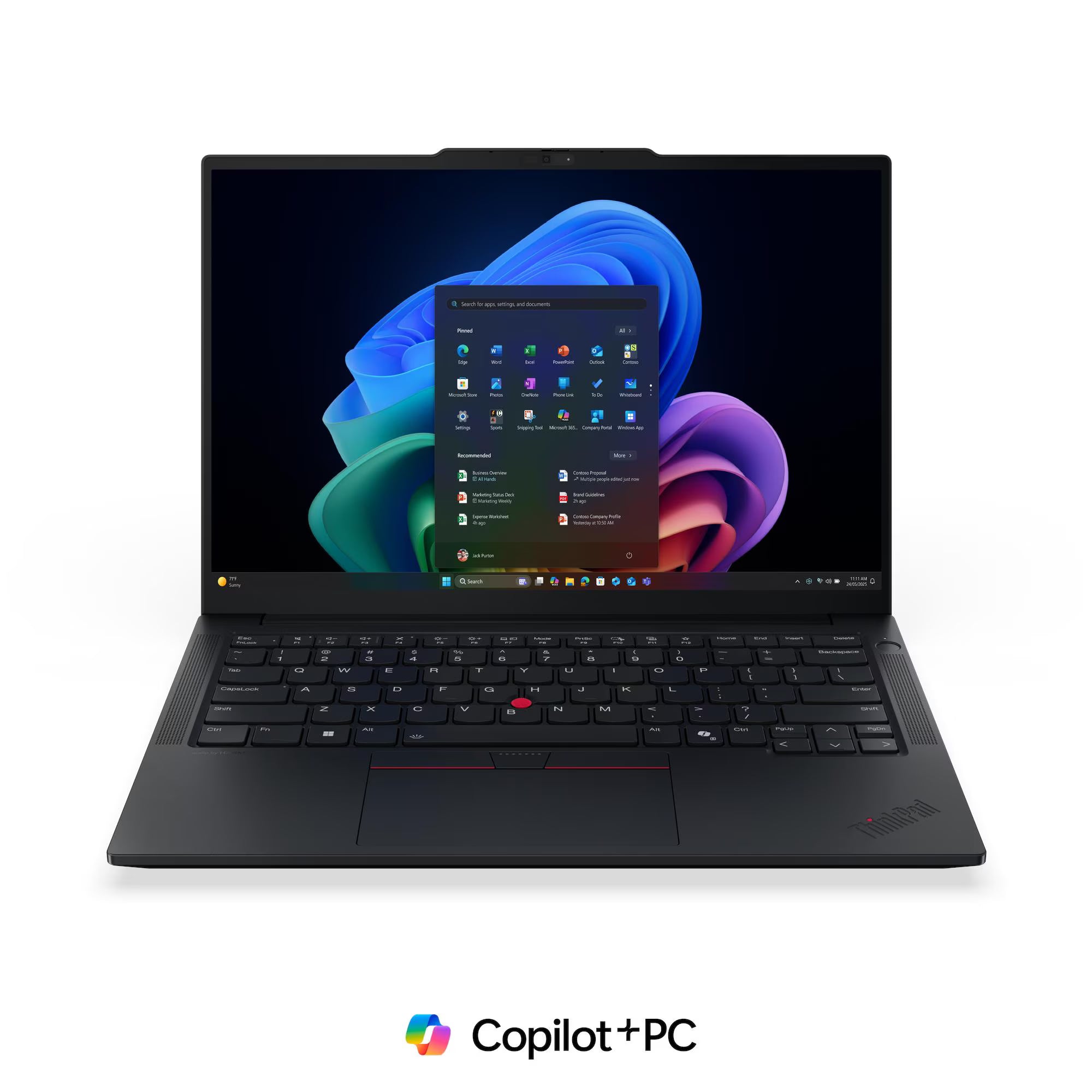 Laptop with colorful display on a white background, featuring Copilot+PC branding.