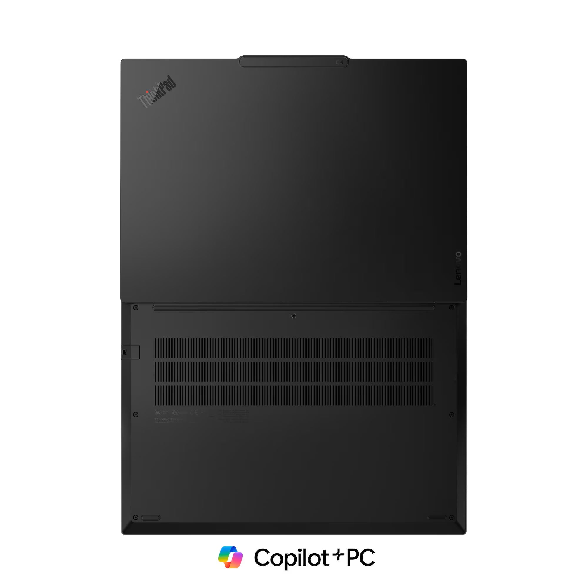 Back view of a black laptop on a white background with Copilot+PC logo.