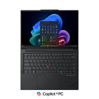 Black laptop with keyboard and screen displaying colorful interface on a white background, featuring 'Copilot+PC' logo.
